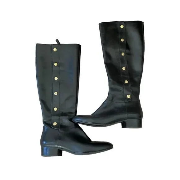 Nine West Oreyan Tall Black Leather Riding Boots Gold Button Details US Size 8.5 - Picture 3 of 10